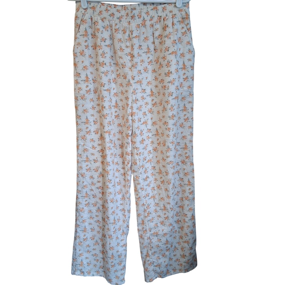 American Eagle Easy Wide Leg Pants Peach Floral Print Medium Linen Blend EUC